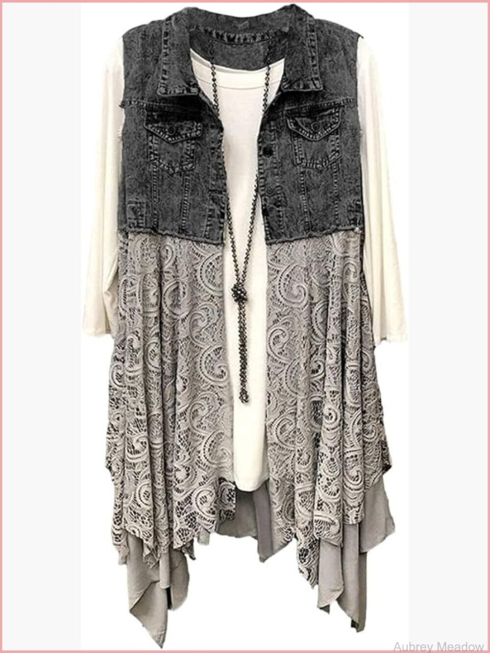 Women's Denim Vest Sleeveless Ripped Patchwork Jean Vest Lace Hem